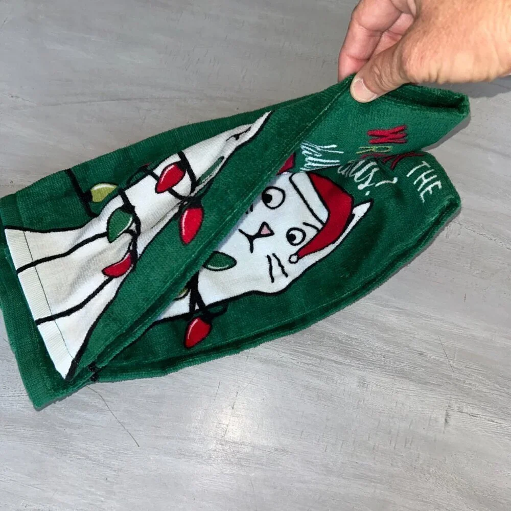 NEW RITZ Christmas Cat Wreck The Halls Kitchen Towel Bath Hand Towel Set of 2
